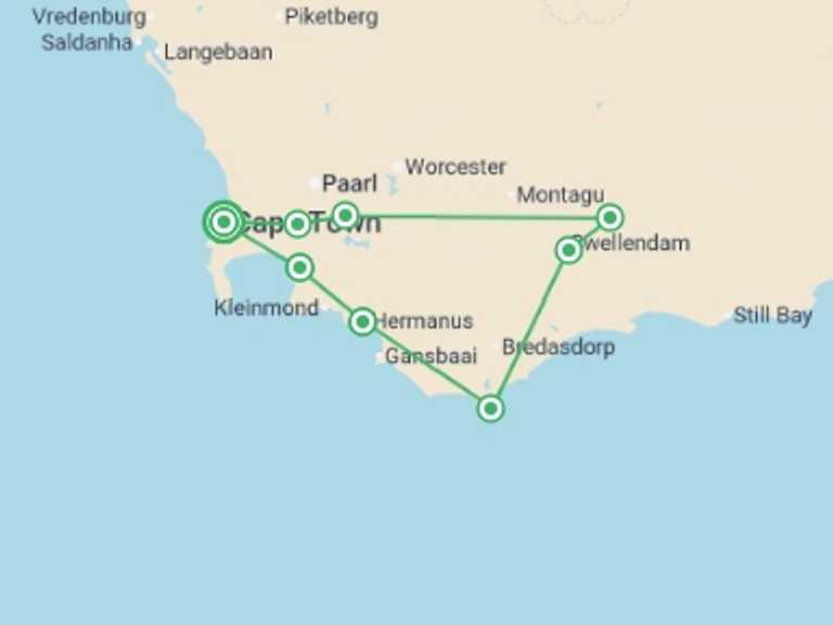 Map itinerary of Africa Tour in December 2026 with 8 destination visits for the trip: Cycling the Cape & Winelands