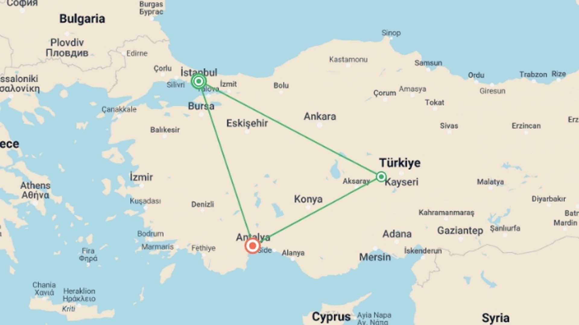 A map showing the tour itinerary for the trip: 8 Day Touch of Mediterranean Tour, starting in Istanbul, Turkey and ending in Antalya, Turkey going through 2 other destinations.