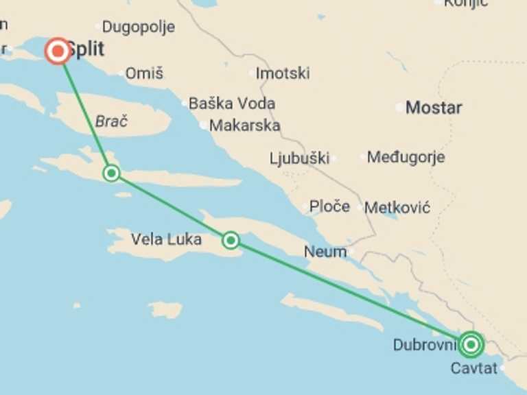 Map of 8-Day Split Tour with 4 destination visits for the trip: Croatia Island Hop & Stop - 8 days