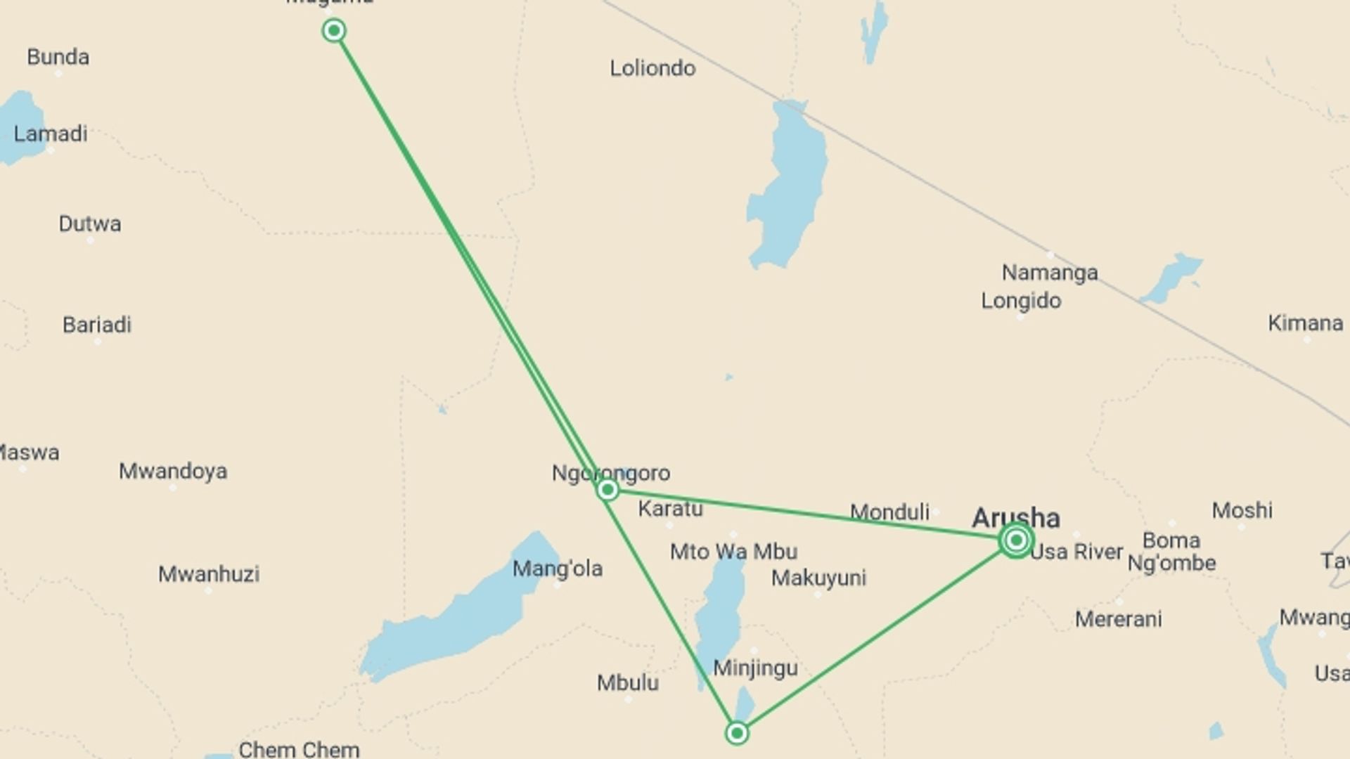 A map showing the tour itinerary for the trip: 4-Day Safari Tarangire, Serengeti& Ngorongoro Join Group, starting in Arusha, Tanzania and ending in Arusha, Tanzania going through 3 other destinations.