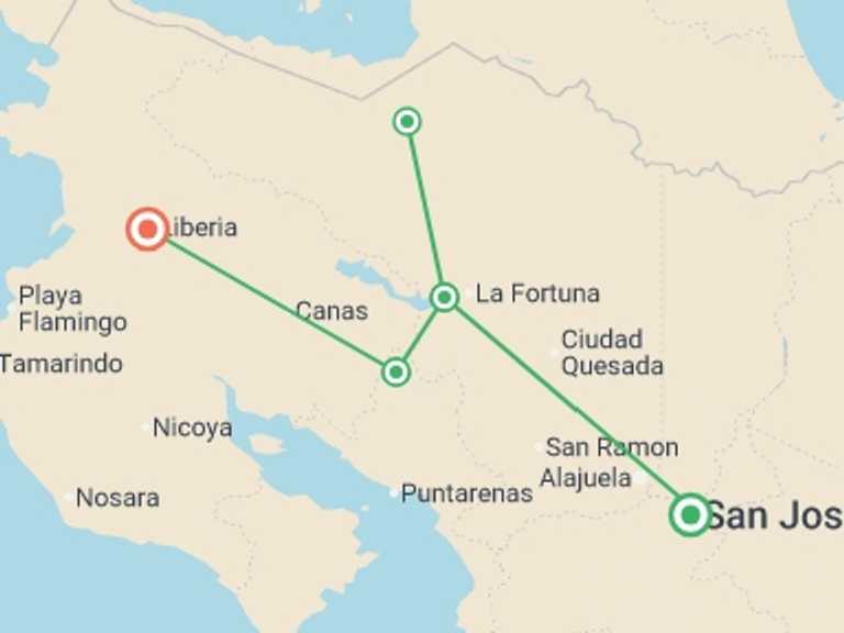 Map of San Jose Rainforest and jungle visits Tour with 5 destination visits for the trip: Tropical Costa Rica 