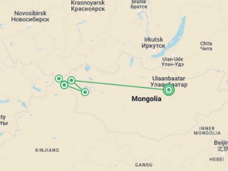 Map of Ulaanbaatar Tour with 6 destination visits for the trip: Mongolian Tavan Bogd Trek