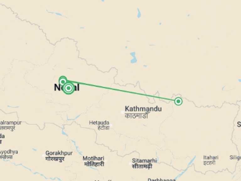 Map itinerary of Asia Tour in June 2026 with 6 destination visits for the trip: Mardi Himal Base Camp Trek | Sunrise & Mountain Views