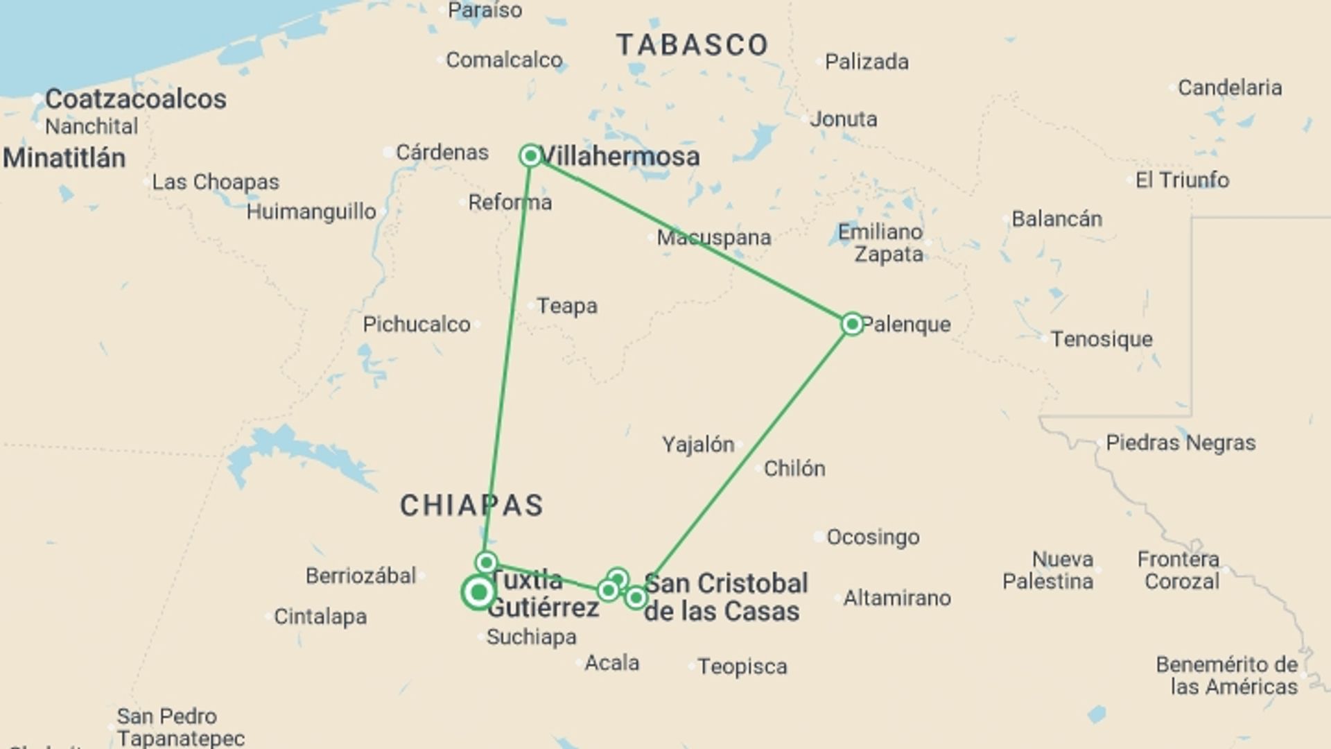A map showing the tour itinerary for the trip: Magic Chiapas, starting in Tuxtla Gutiérrez, Mexico and ending in Tuxtla Gutiérrez, Mexico going through 3 other destinations.