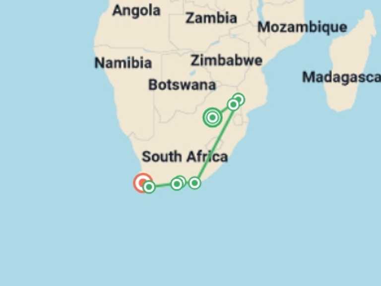 Map of South Africa Wildlife Tour with 12 destination visits for the trip: South Africa Highlights