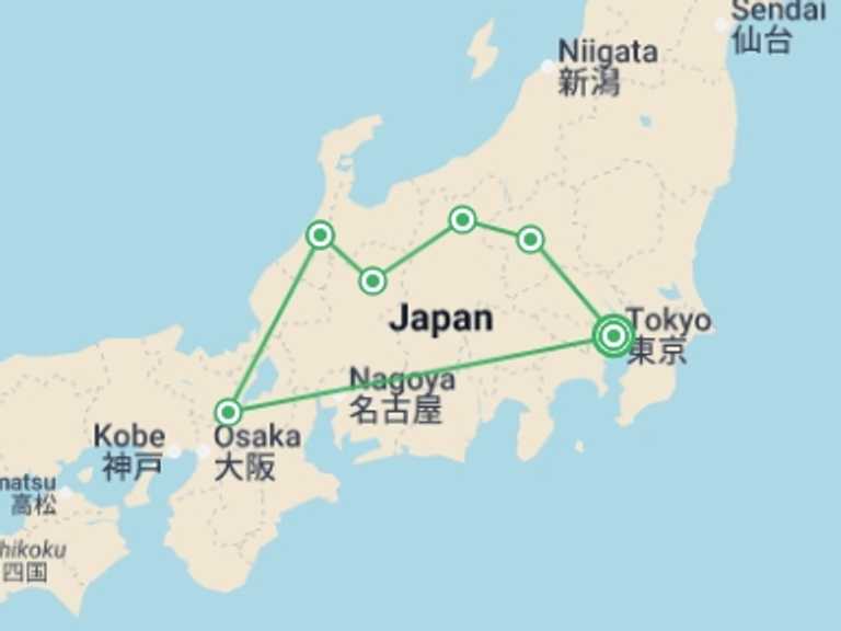 Map itinerary of Asia Tour in August 2026 with 6 destination visits for the trip: Feudal Japan with Japanese Alps