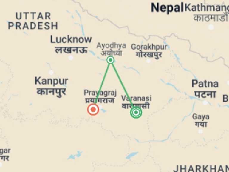 Map of a Rickshaw, cycle or local transport Tour with 3 destination visits for the trip: Varanasi Ayodhya Prayagraj Tour