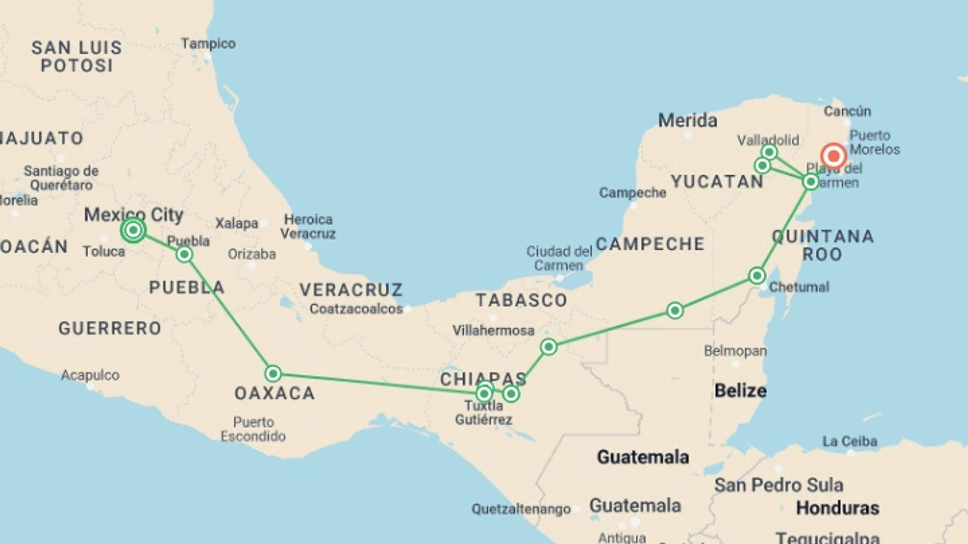 A map showing the tour itinerary for the trip: Viva Mexico, starting in Mexico City, Mexico and ending in Playa Del Carmen, Mexico going through 7 other destinations.