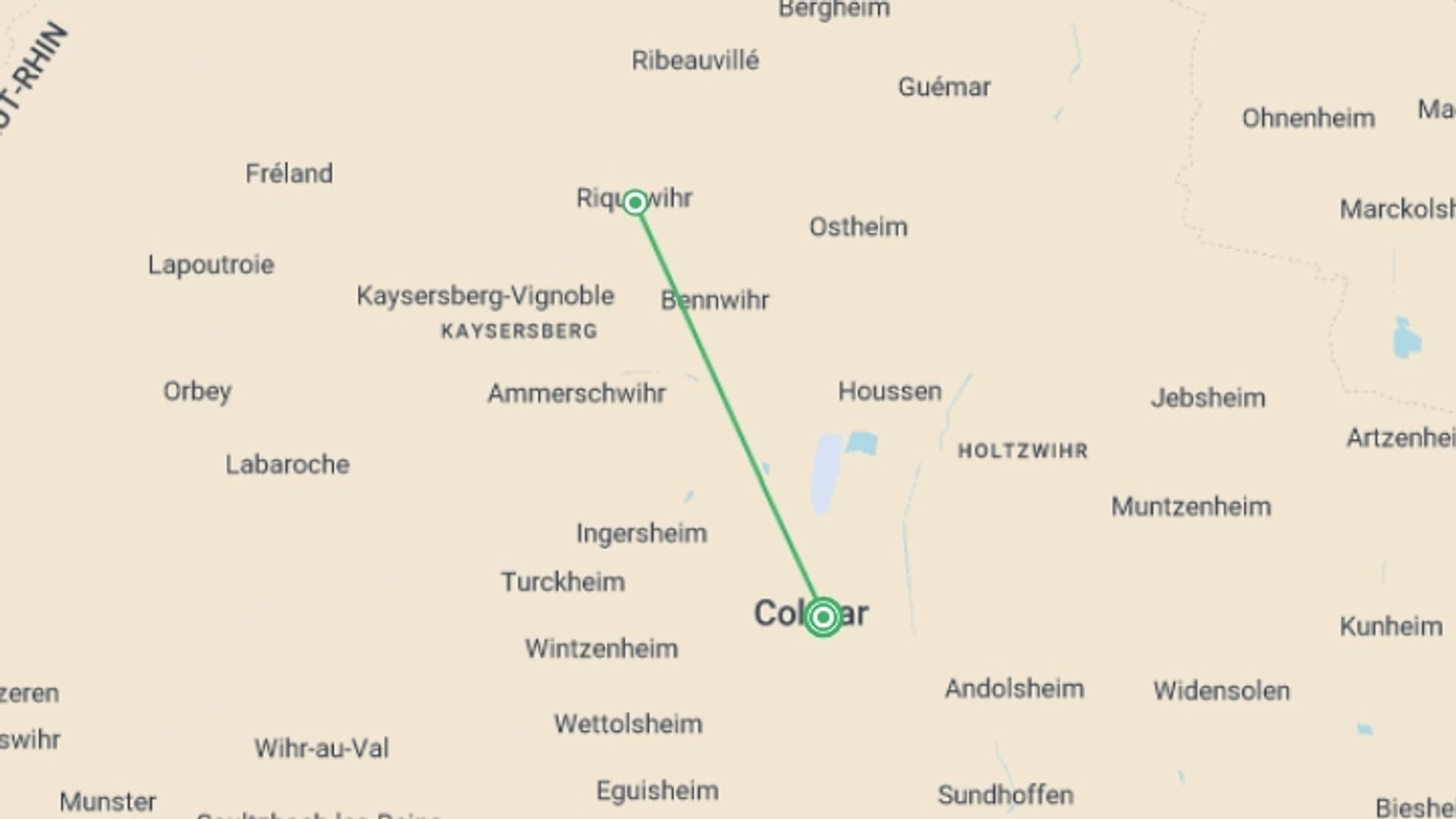 A map showing the tour itinerary for the trip: Enchanting Christmas Markets along Alsatian Canals (port-to-port cruise), starting in Colmar, France and ending in Colmar, France going through 1 other destinations.