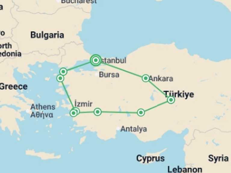 Map of 11-Day Cappadocia Tour with 8 destination visits for the trip: ANZAC Day - Major Tour