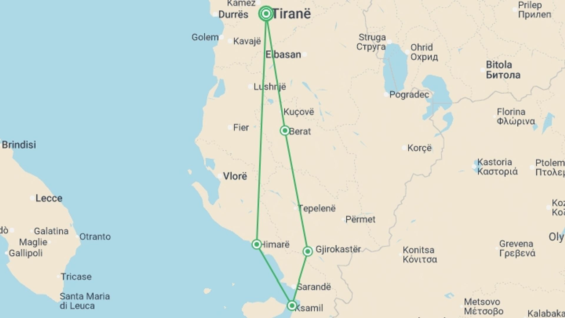 A map showing the tour itinerary for the trip: South Albania Experience, starting in Tirana, Albania and ending in Tirana, Albania going through 4 other destinations.