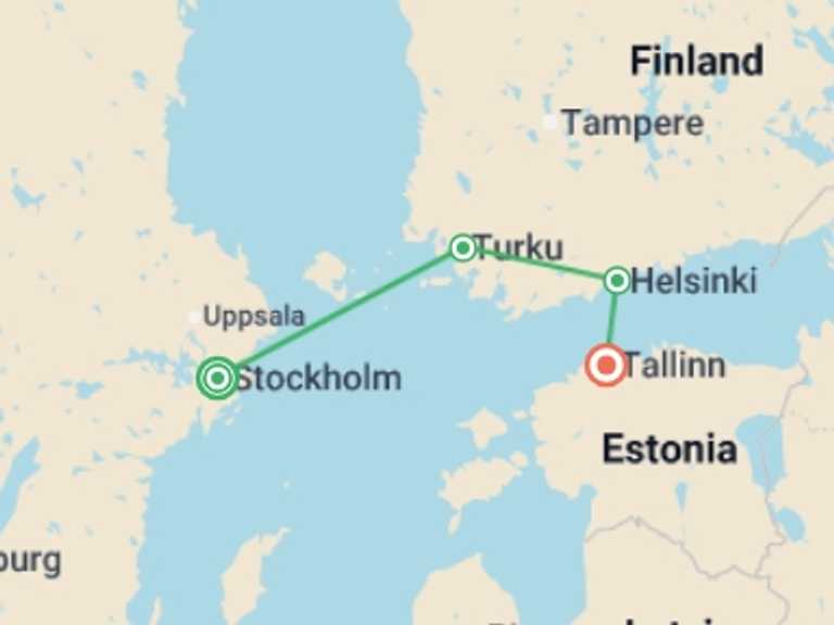 Map itinerary of Europe Tour in February 2027 with 4 destination visits for the trip: Central Baltic