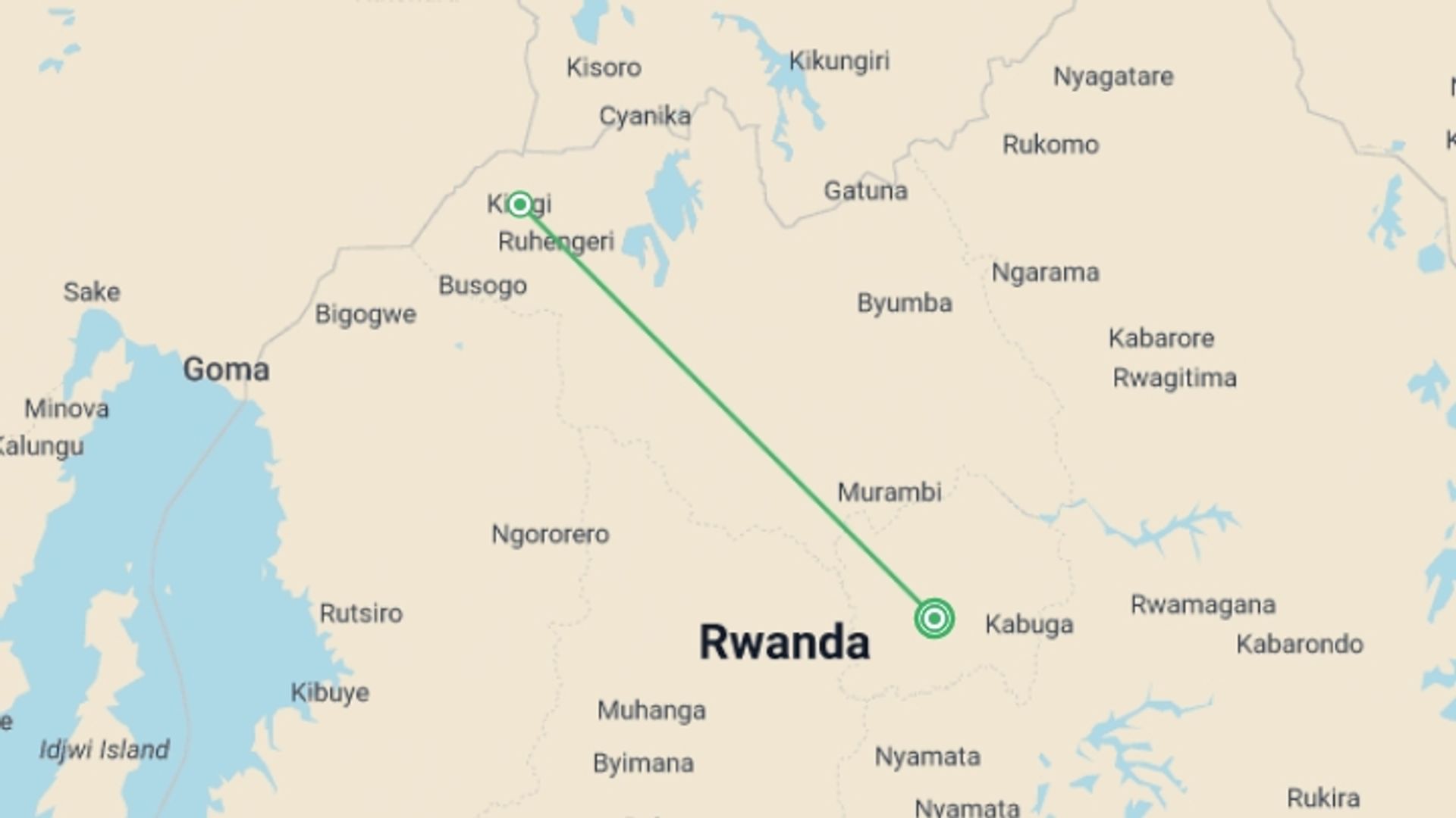 A map showing the tour itinerary for the trip: Gorilla Express - 4 days, starting in Kigali, Rwanda and ending in Kigali, Rwanda going through 1 other destinations.
