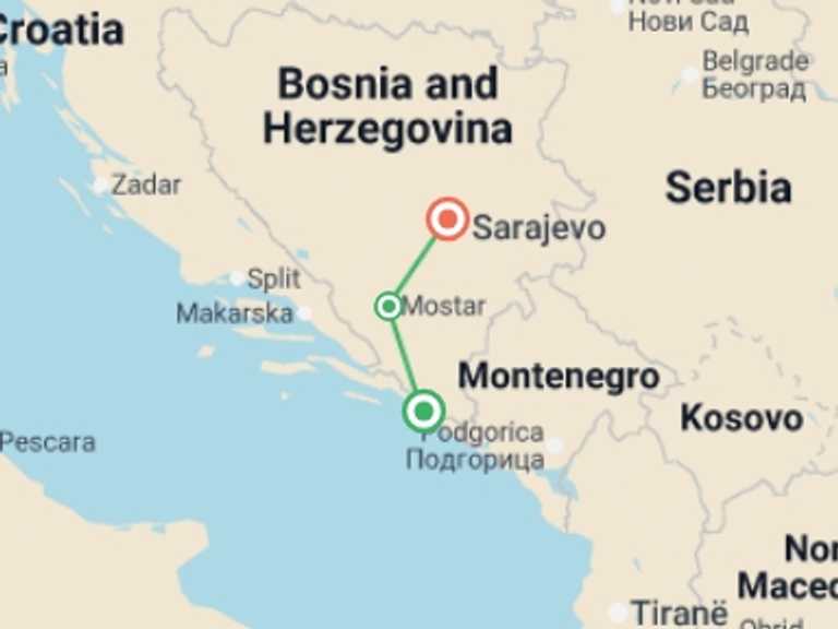 Map itinerary of Europe Tour in Summer with 3 destination visits for the trip: Dubrovnik to Sarajevo - 4 days