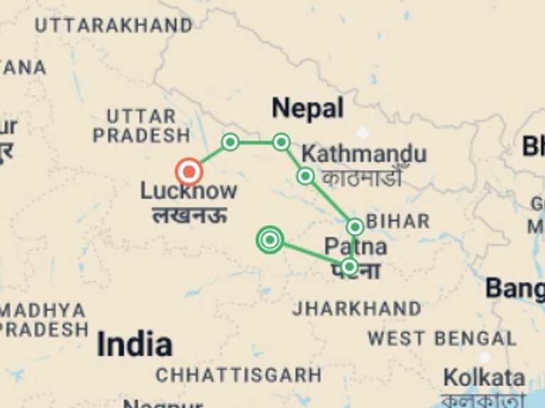 Map itinerary of India Tour in September 2027 with 8 destination visits for the trip: 7 Days Buddhist Tour