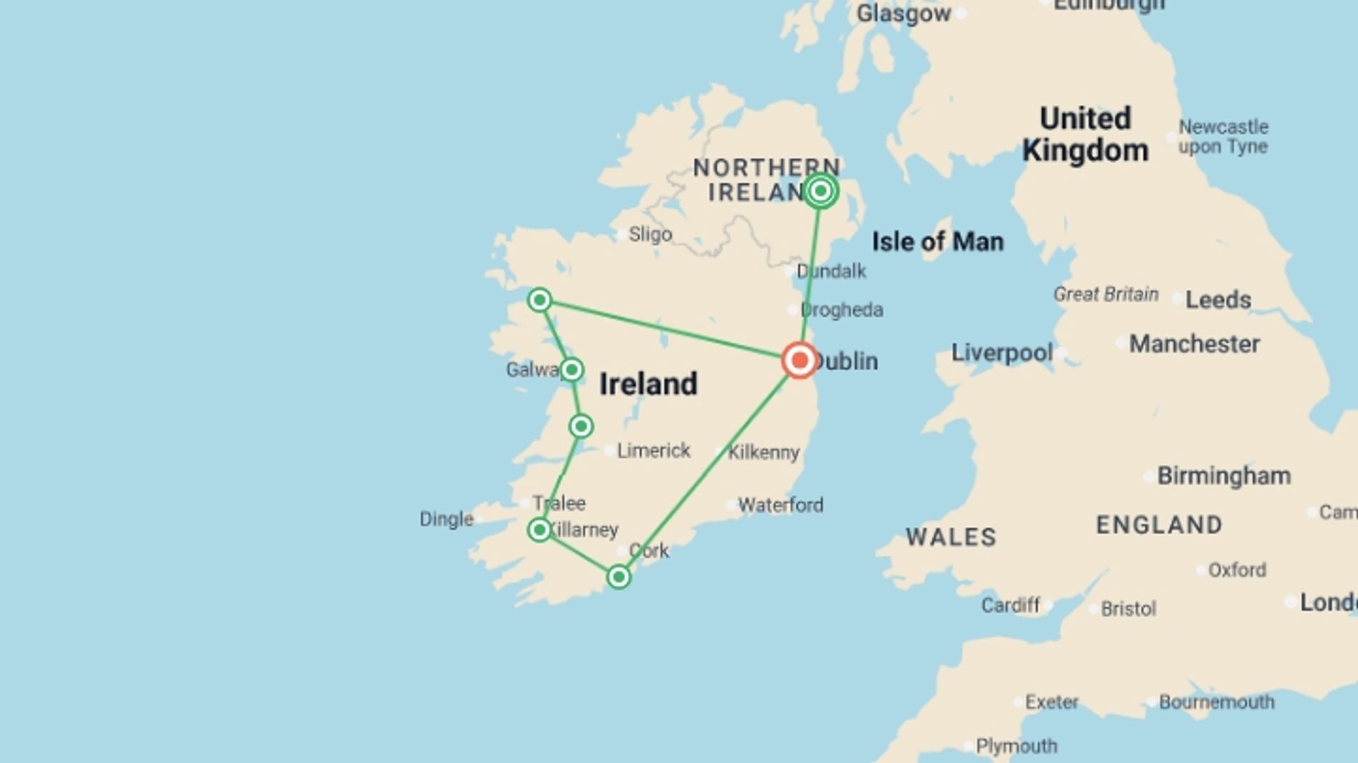 A map showing the tour itinerary for the trip: The Ultimate Ireland Rail Experience, starting in Belfast, Ireland and ending in Dublin, Ireland going through 5 other destinations.