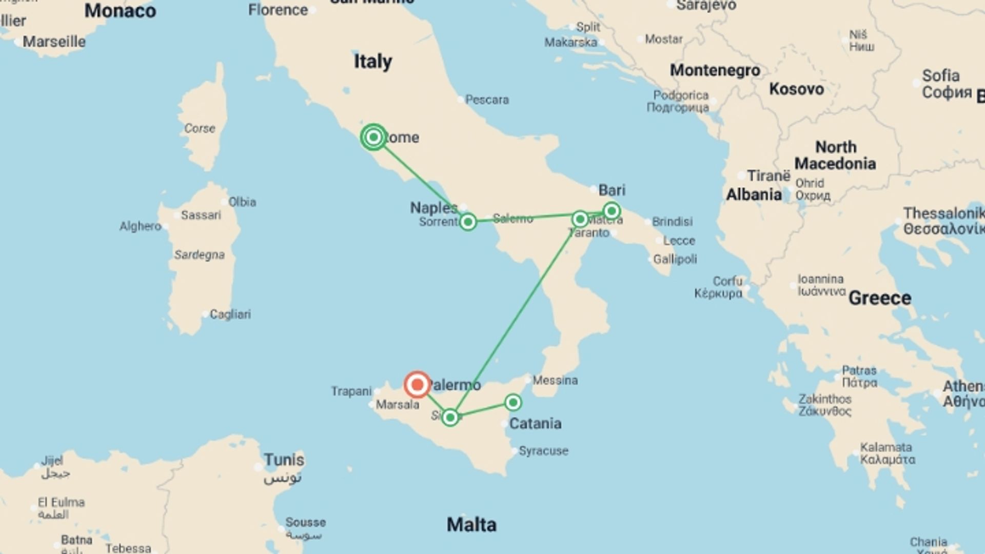 A map showing the tour itinerary for the trip: Country Roads of Southern Italy and Sicily, starting in Rome, Italy and ending in Palermo, Italy going through 8 other destinations.