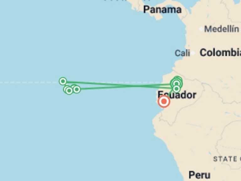 Map itinerary of Andes Tour in Winter with 12 destination visits for the trip: Volcanoes and Galapagos