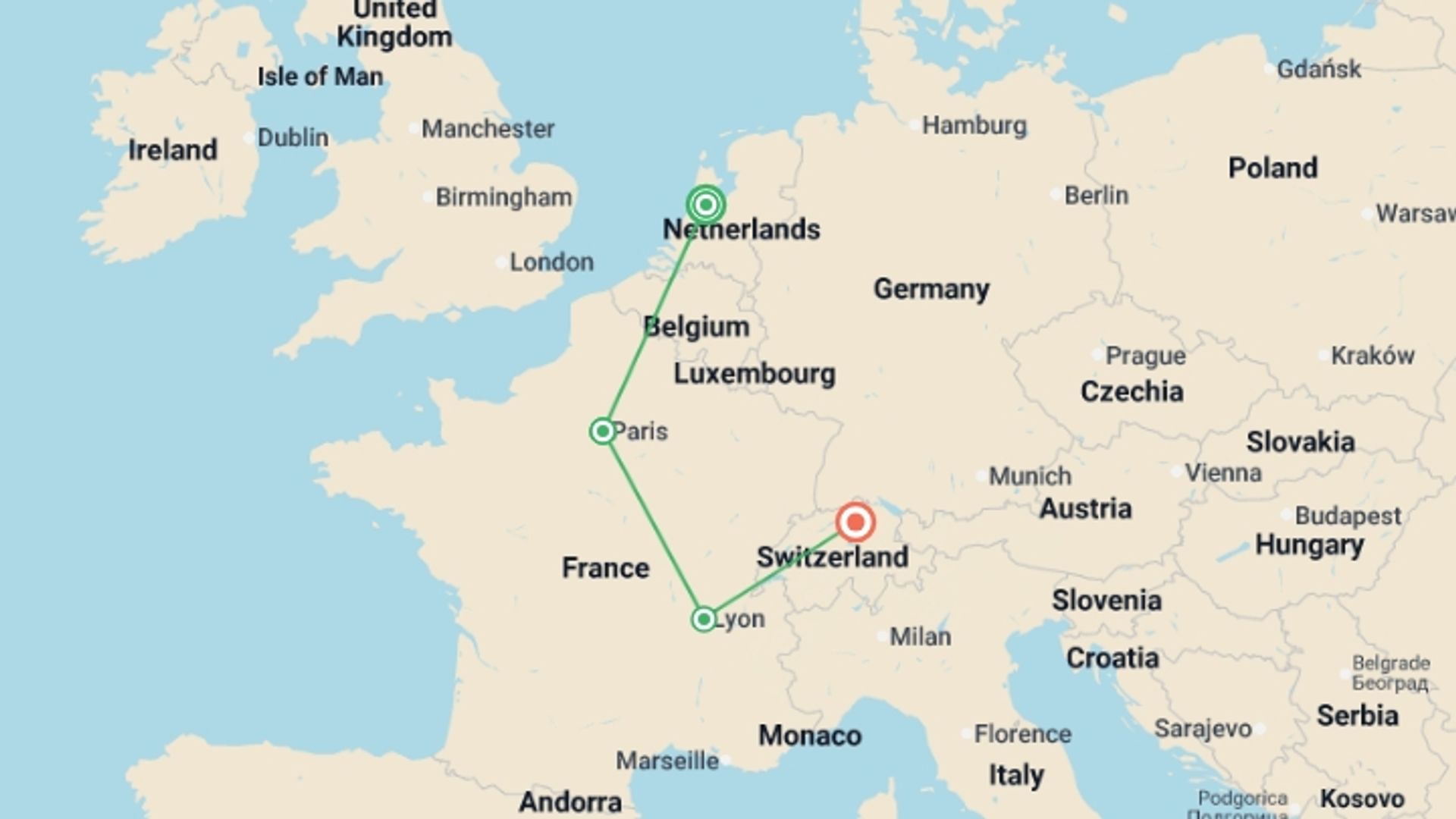 A map showing the tour itinerary for the trip: Desired Europe end Zurich, starting in Amsterdam, Holland and ending in Zurich, Switzerland going through 2 other destinations.