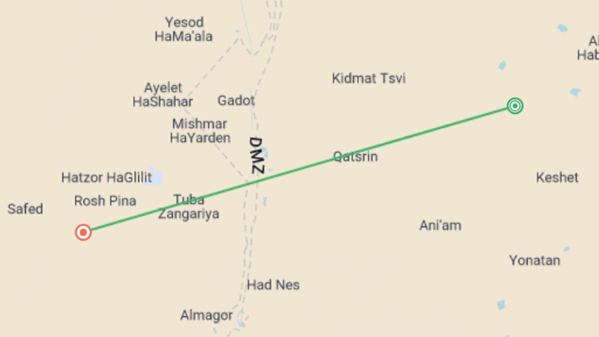 A map showing the tour itinerary for the trip: Galilee & Golan Heights, 2 Days From Tel Aviv, starting in Golan, Israel and ending in Galilee, Israel going through 1 other destinations.