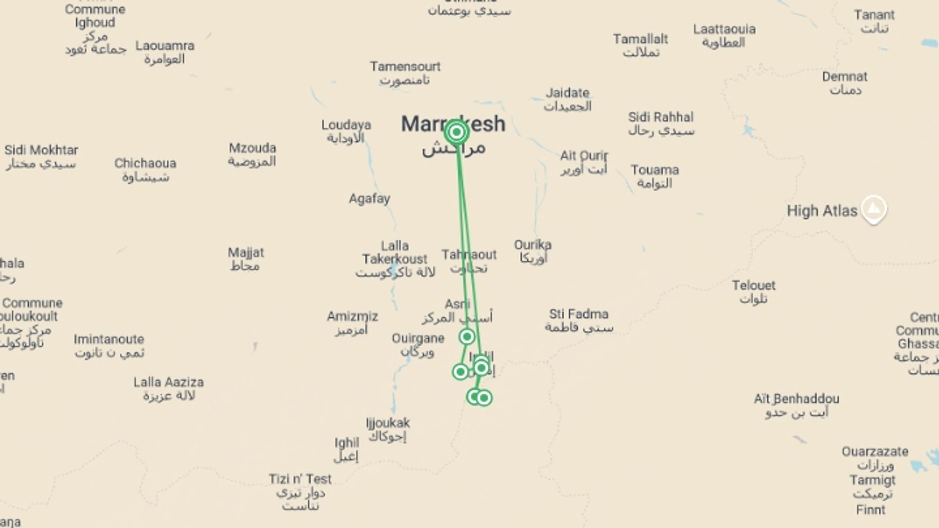 A map showing the tour itinerary for the trip: Climb Mt Toubkal, starting in Marrakech, Morocco and ending in Marrakech, Morocco going through 3 other destinations.