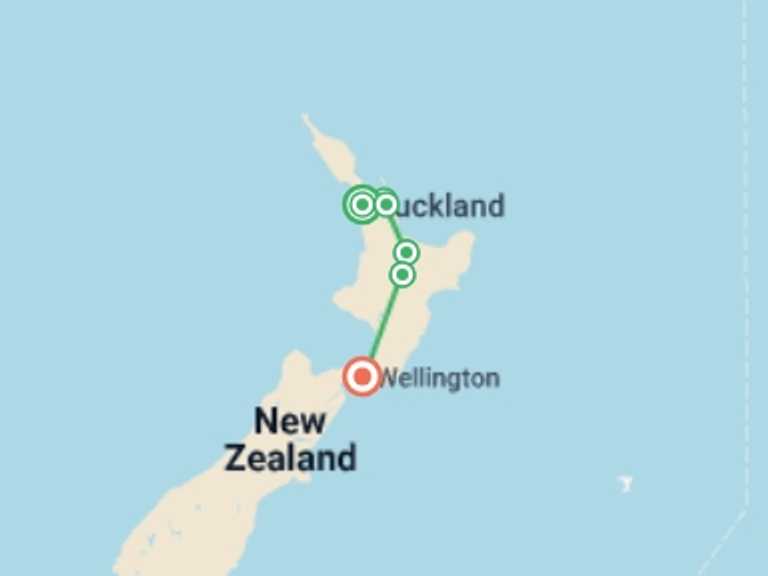 Map itinerary of Oceania Tour in July 2027 with 6 destination visits for the trip: New Zealand Northern Trail (Southbound)