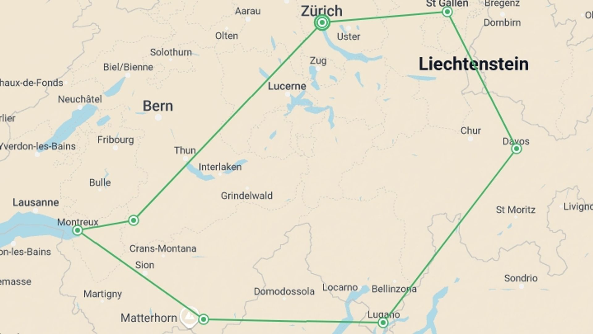 A map showing the tour itinerary for the trip: The Grand Tour Of Switzerland, starting in Zurich, Switzerland and ending in Zurich, Switzerland going through 8 other destinations.