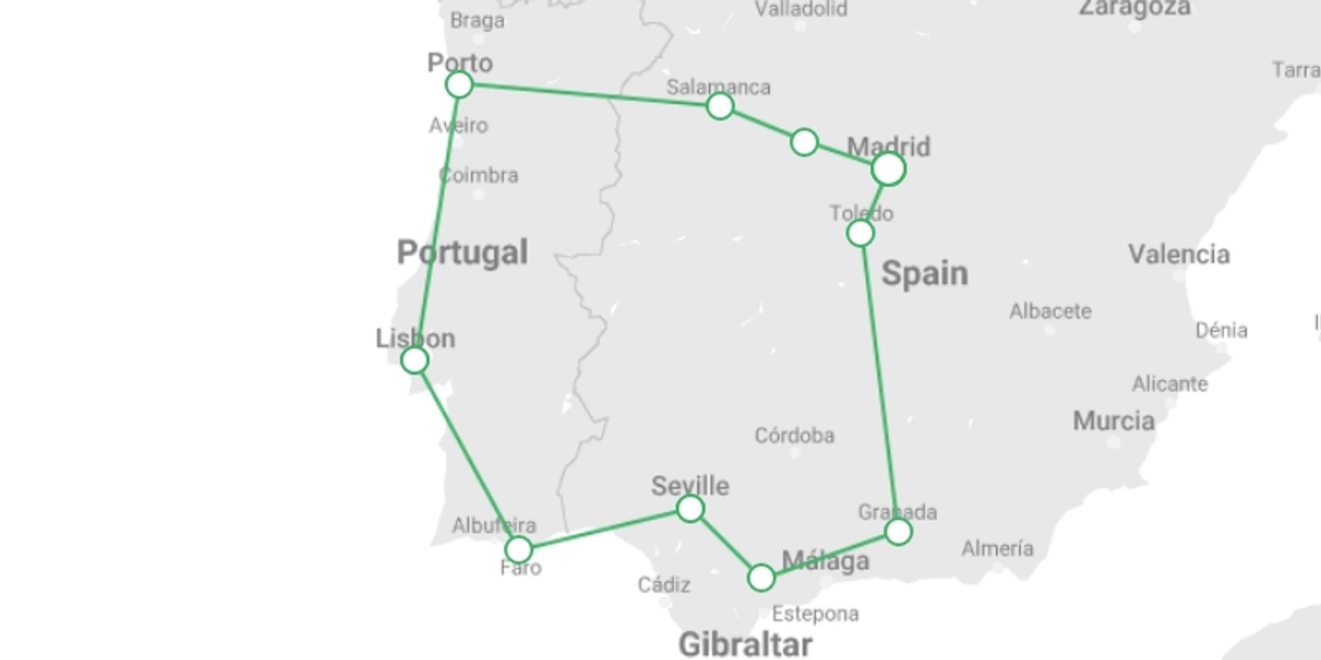 A map showing the tour itinerary for the trip: Spain & Portugal Christmas, starting in Madrid, Spain and ending in Madrid, Spain going through 5 other destinations.