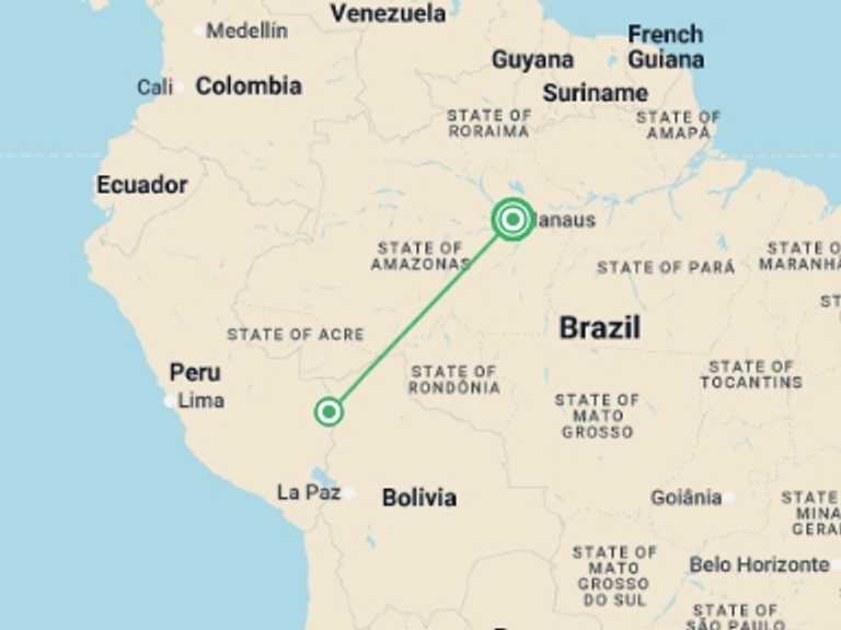 Map itinerary of Manaus Tour in Winter with 2 destination visits for the trip: Manaus Amazon Jungle Adventure 3D/2N