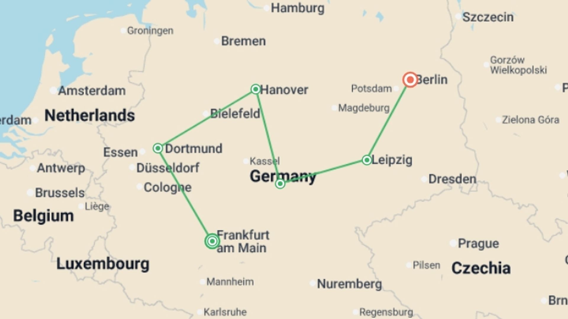 A map showing the tour itinerary for the trip: Tour of the Heart of Germany, Ending in Berlin, starting in Frankfurt, Germany and ending in Berlin, Germany going through 4 other destinations.