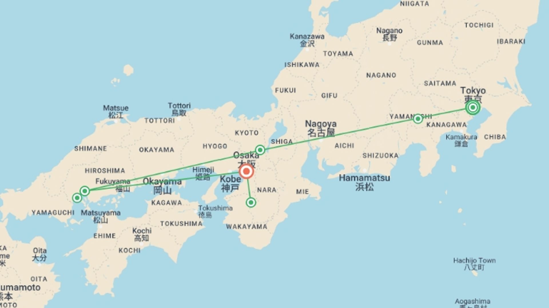 A map showing the tour itinerary for the trip: Best of Japan with Koya-san 2026, starting in Tokyo, Japan and ending in Osaka, Japan going through 4 other destinations.
