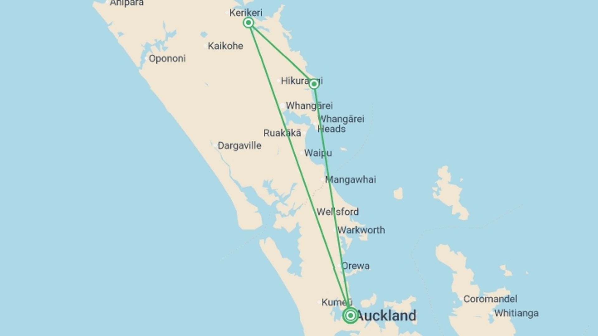 A map showing the tour itinerary for the trip: Enchanting Northland, starting in Auckland, New Zealand and ending in Auckland, New Zealand going through 2 other destinations.