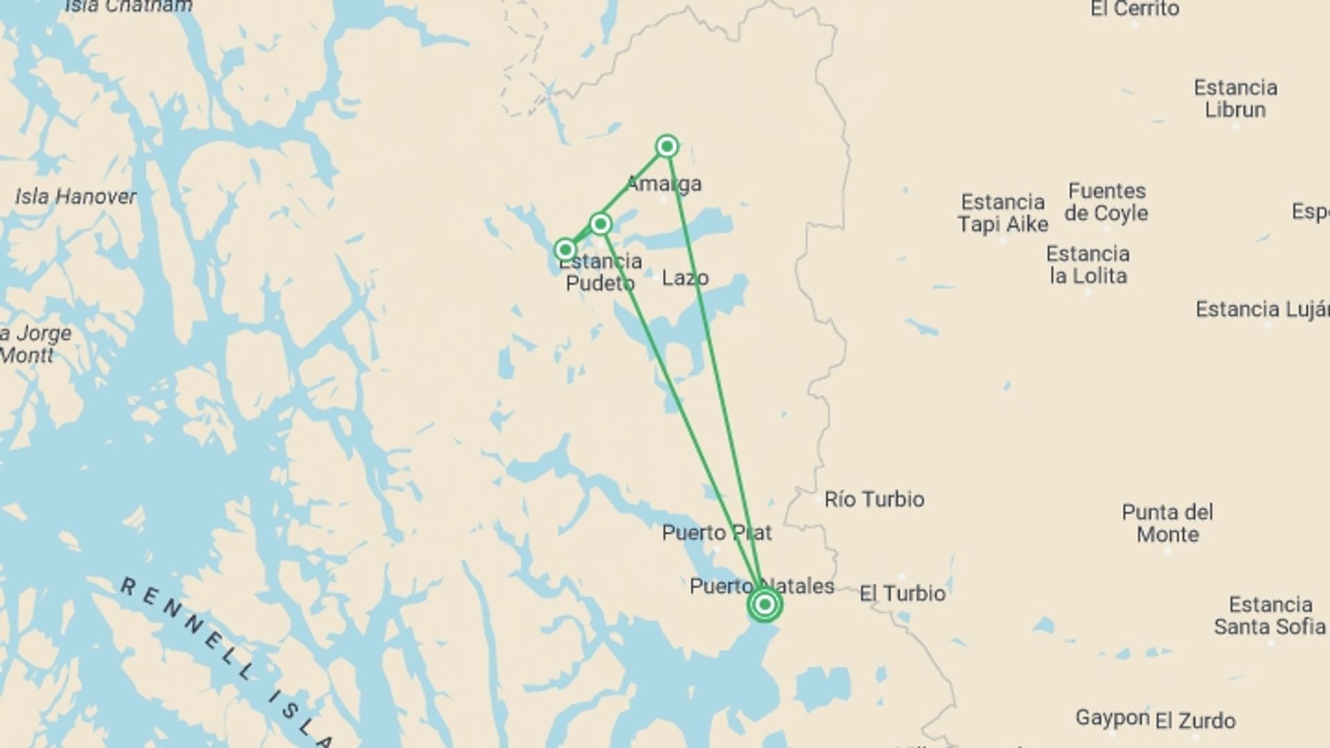 A map showing the tour itinerary for the trip: Torres del Paine - The W Trek, starting in Puerto Natales, Chile and ending in Puerto Natales, Chile going through 5 other destinations.
