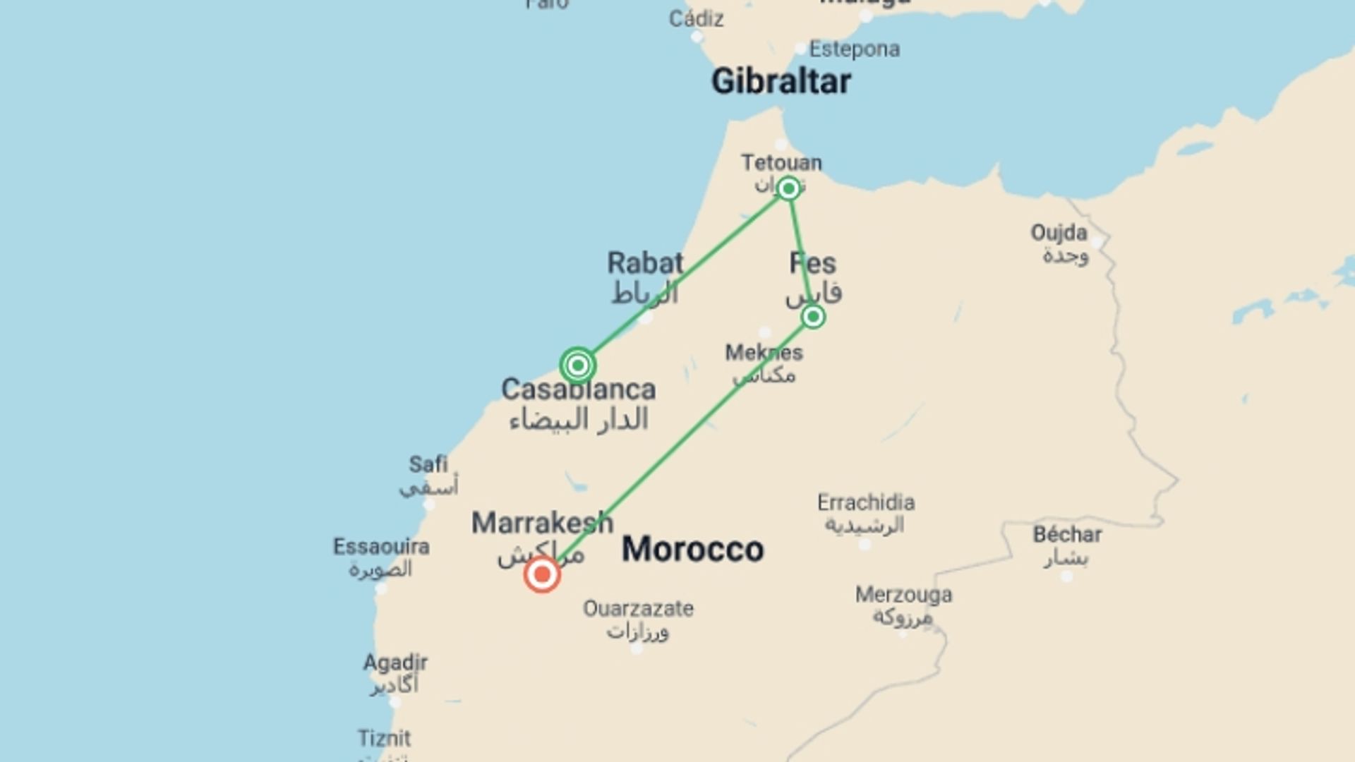 A map showing the tour itinerary for the trip: Northern Morocco: Blue Cities & Bustling Marrakech, starting in Casablanca, Morocco and ending in Marrakech, Morocco going through 2 other destinations.