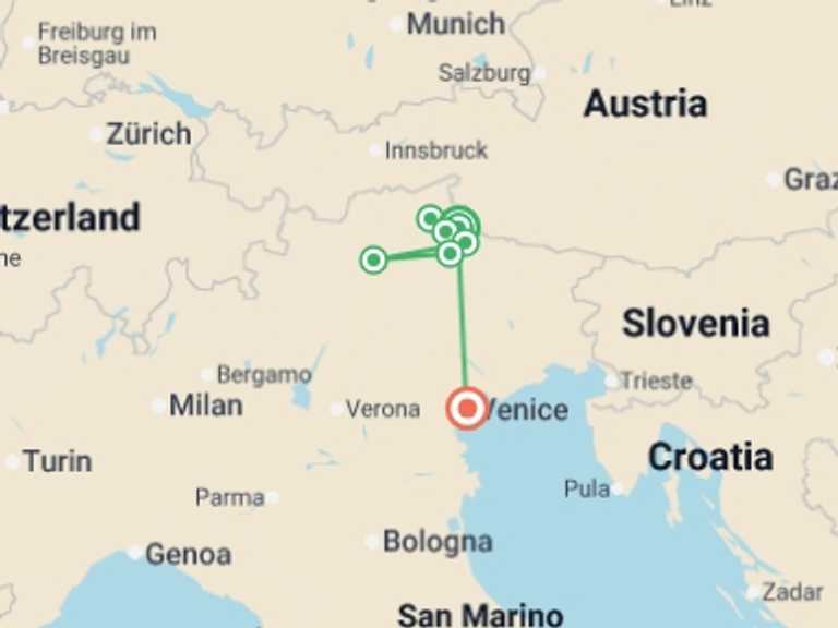Map itinerary of Mediterranean Tour in July 2026 with 7 destination visits for the trip: Hiking in the Dolomites