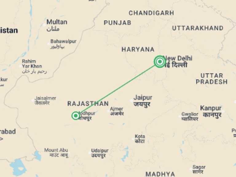 Map itinerary of Asia Tour in Fall with 2 destination visits for the trip: Jodhpur - 4 days