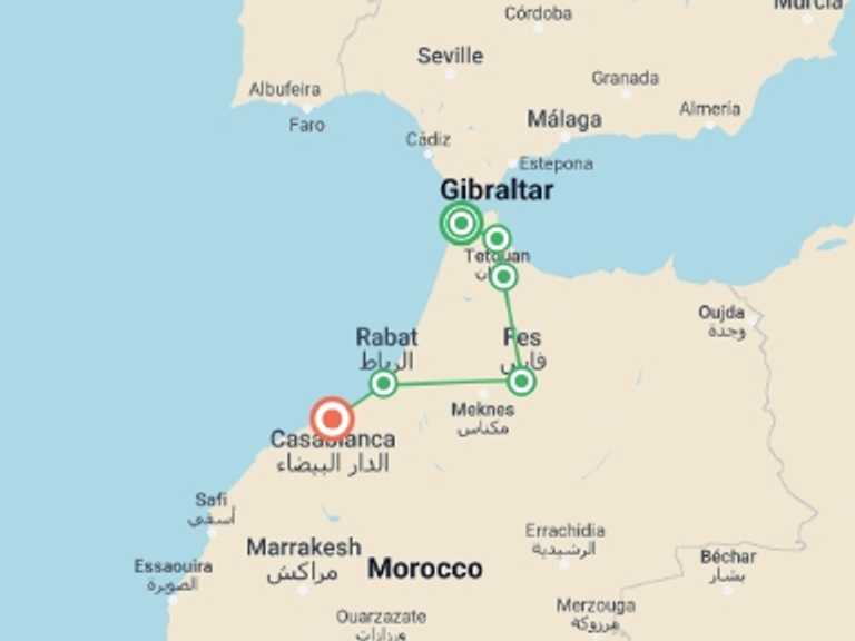 Map of a Natural landmarks sightseeing Tour with 5 destination visits for the trip: Discover the best of Northern Morocco