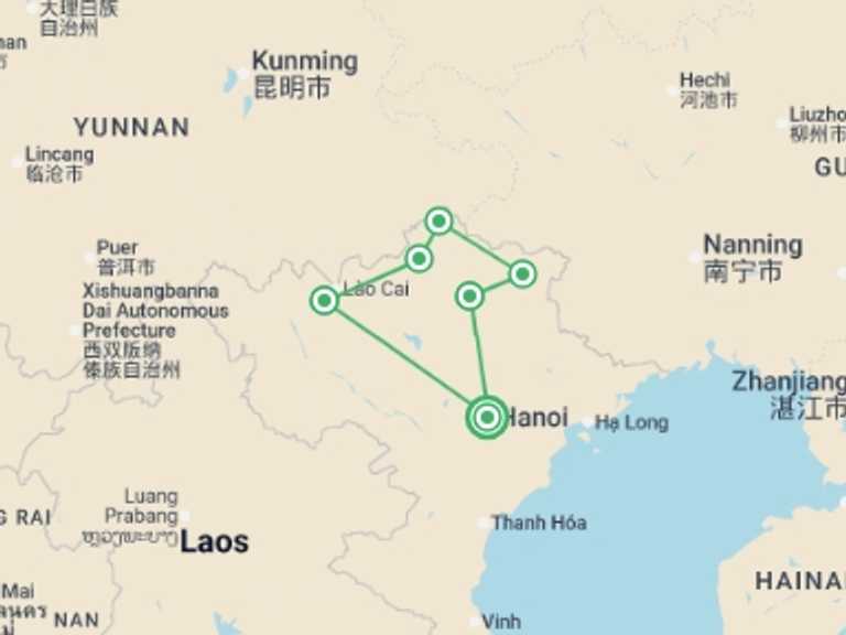 Map of a Explorer Tour with 6 destination visits for the trip: Secrets of North Vietnam - 8 days