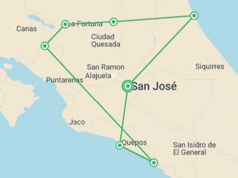 Map itinerary of Central America Tour in July 2026 with 7 destination visits for the trip: Best of Costa Rica Family Holiday