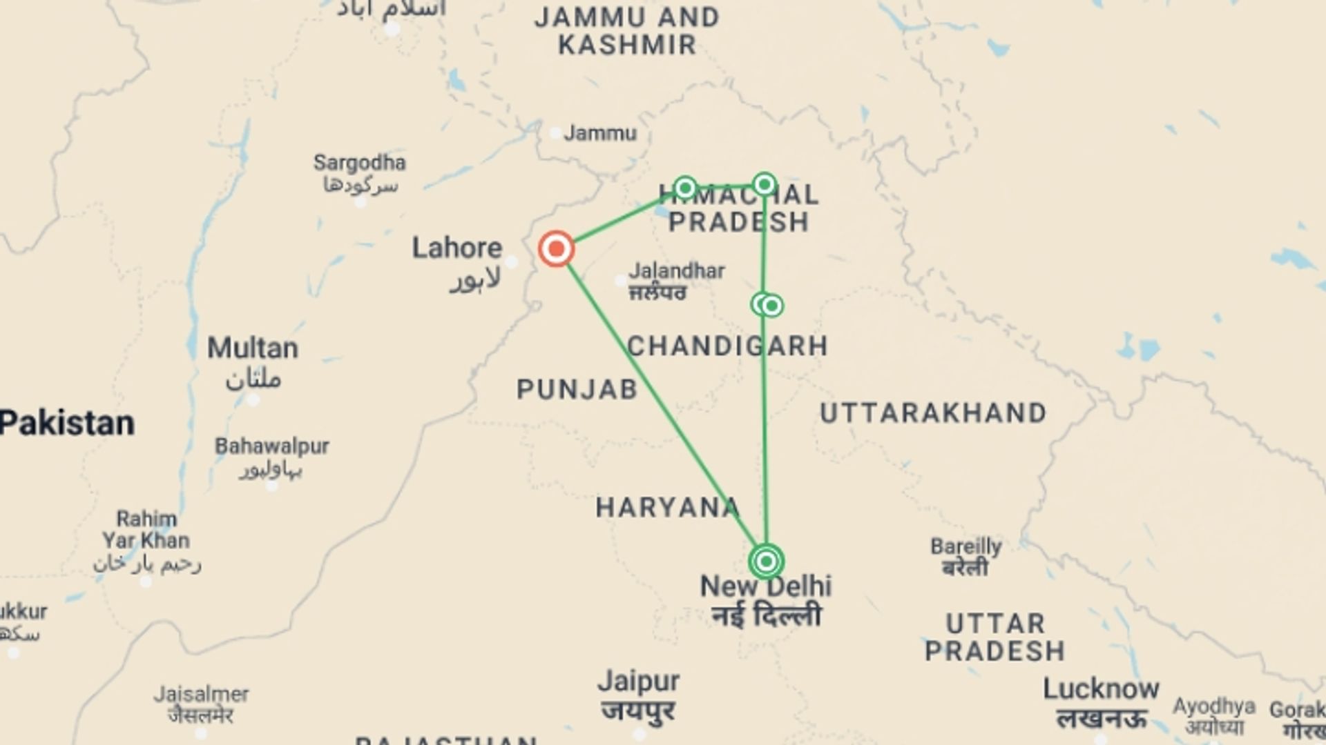 A map showing the tour itinerary for the trip: Himachal Tour With Amritsar, starting in New Delhi, India and ending in Amritsar, India going through 3 other destinations.