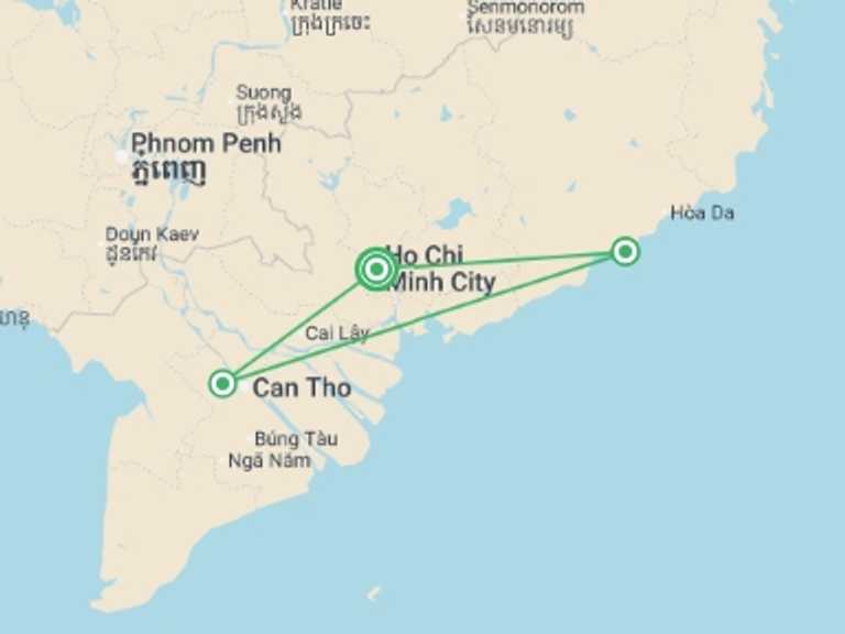 Map itinerary of Asia Tour in October 2026 with 3 destination visits for the trip: Saigon, Mekong & Mui Ne Beach (Deluxe) - 8 days 
