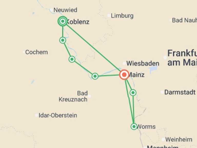 Map itinerary of Germany Tour in July 2026 with 6 destination visits for the trip: Rhine Valley Bike & Barge