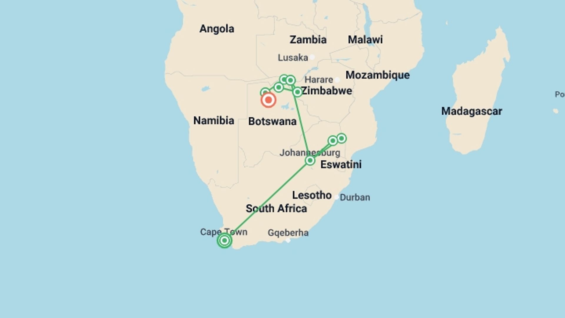 A map showing the tour itinerary for the trip: Journeys: The Great Southern Africa Safari, starting in Cape Town, South Africa and ending in Maun, Botswana going through 7 other destinations.