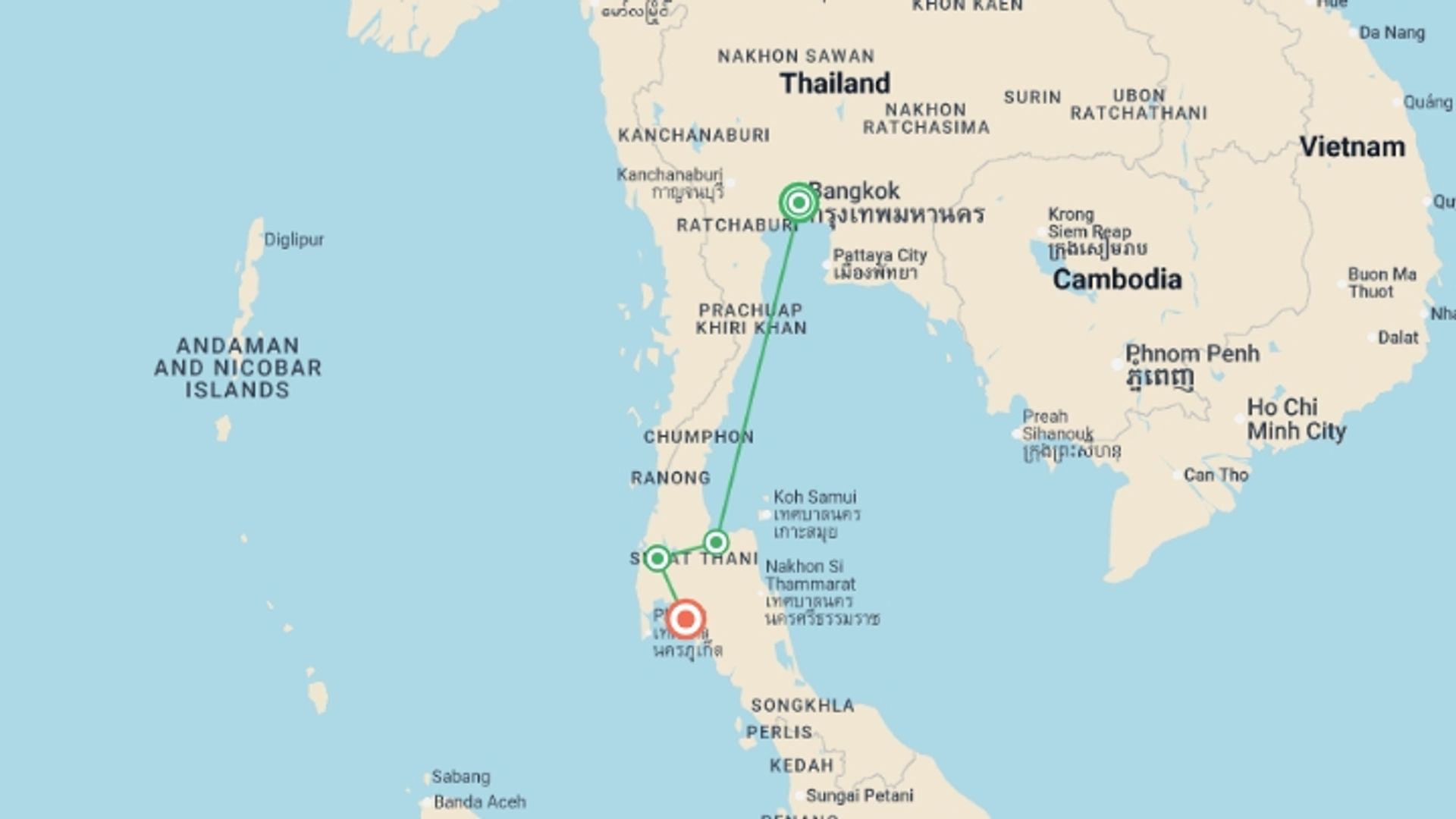 A map showing the tour itinerary for the trip: Southern Thai Highlights, starting in Bangkok, Thailand and ending in Krabi, Thailand going through 3 other destinations.