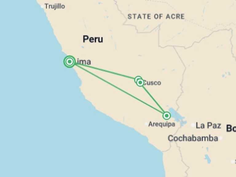 Map of South America Tour with 4 destination visits for the trip: Sacred Valley, Machu Picchu & Titicaca - 8 days