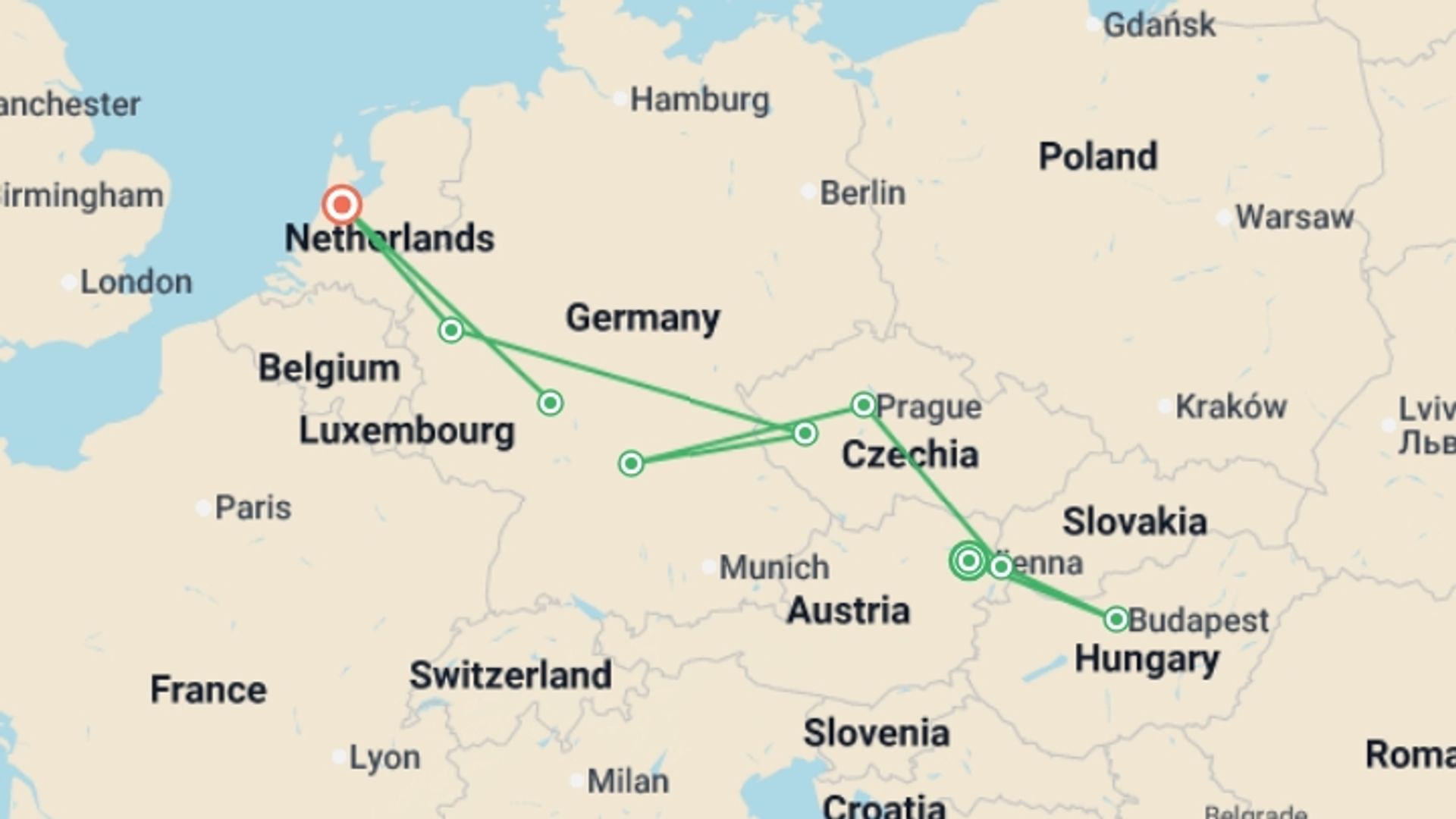 A map showing the tour itinerary for the trip: European Charm, starting in Vienna, Austria and ending in Amsterdam, Holland going through 5 other destinations.