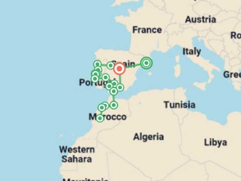 Map itinerary of Portugal Tour in June 2026 with 12 destination visits for the trip: Spain, Portugal and Morocco Panorama (Superior) - 22 days 