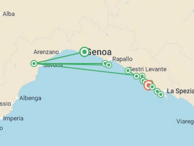 Map itinerary of Mediterranean Tour in April 2026 with 4 destination visits for the trip: Portofino and the Cinque Terre