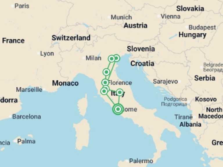 Map itinerary of Italy Tour in June 2026 with 3 destination visits for the trip: Rome, Florence & Venice - 8 days