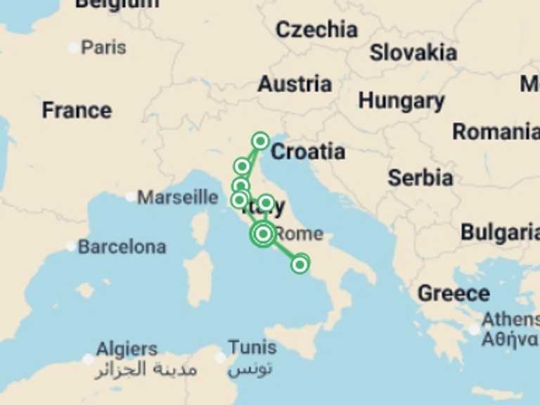 Map itinerary of Europe Tour in Fall with 6 destination visits for the trip: Italian Discovery